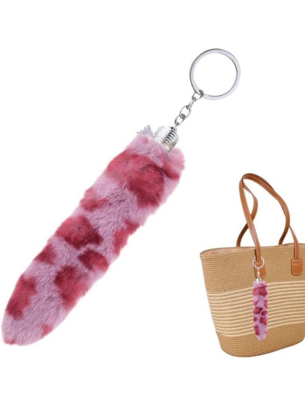Pink Fuzzy Leopard Print Purse Charm Y2K Fluffy Tail Keychain for Bags and Cars